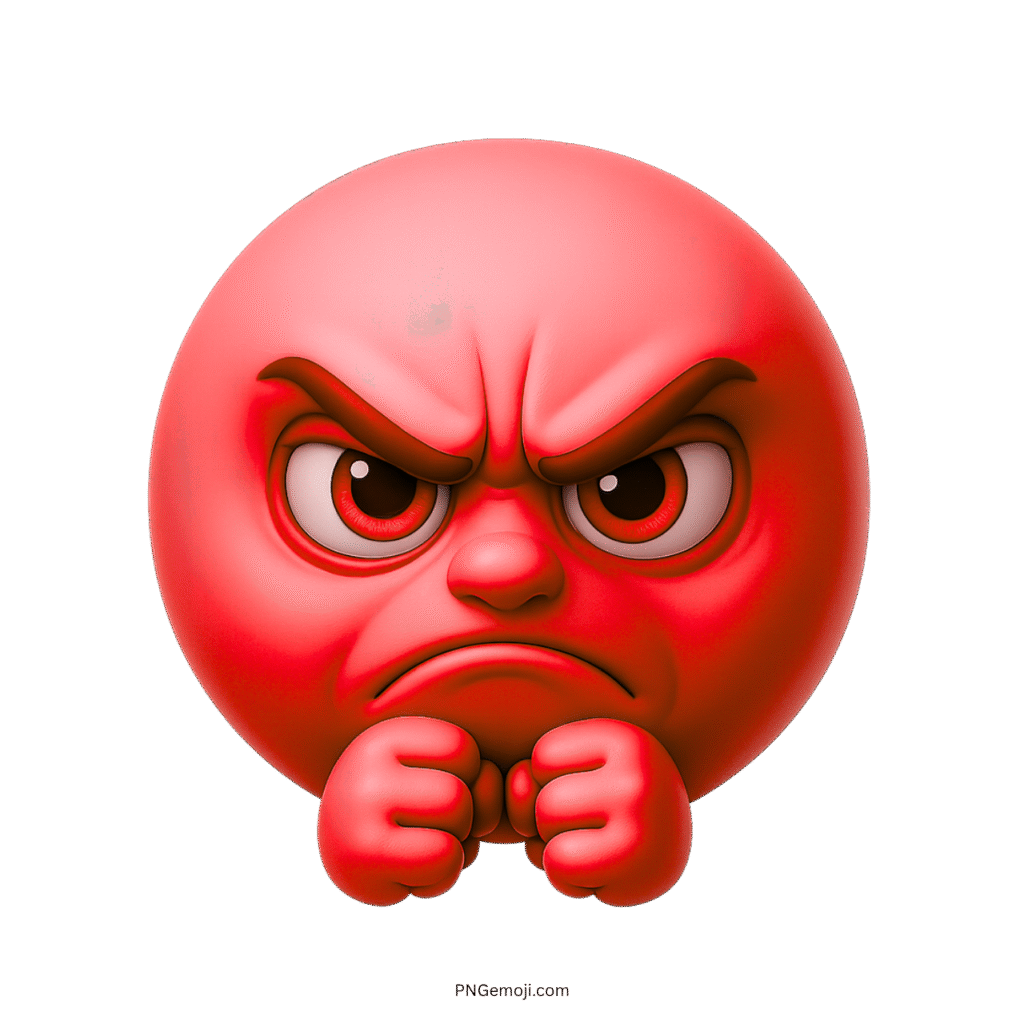 3D red angry emoji with clenched fists and intense irritated face on transparent background