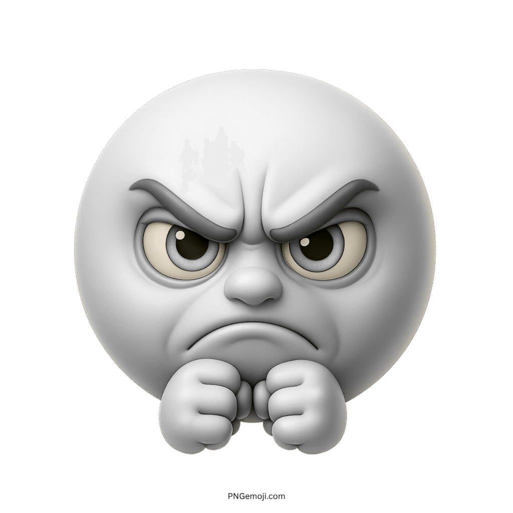 3D white angry emoji with clenched fists and furious expression on transparent