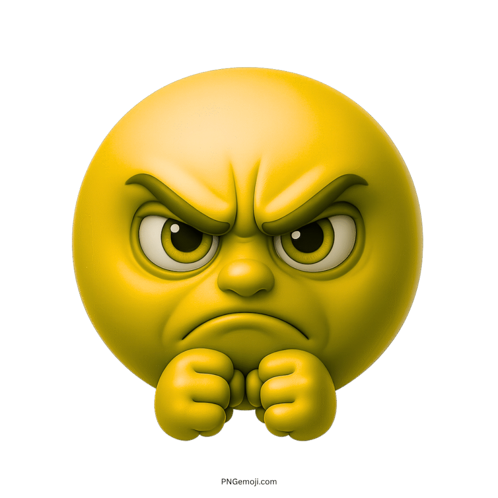 3D yellow angry emoji with clenched fists and fierce irritated expression on transparent background