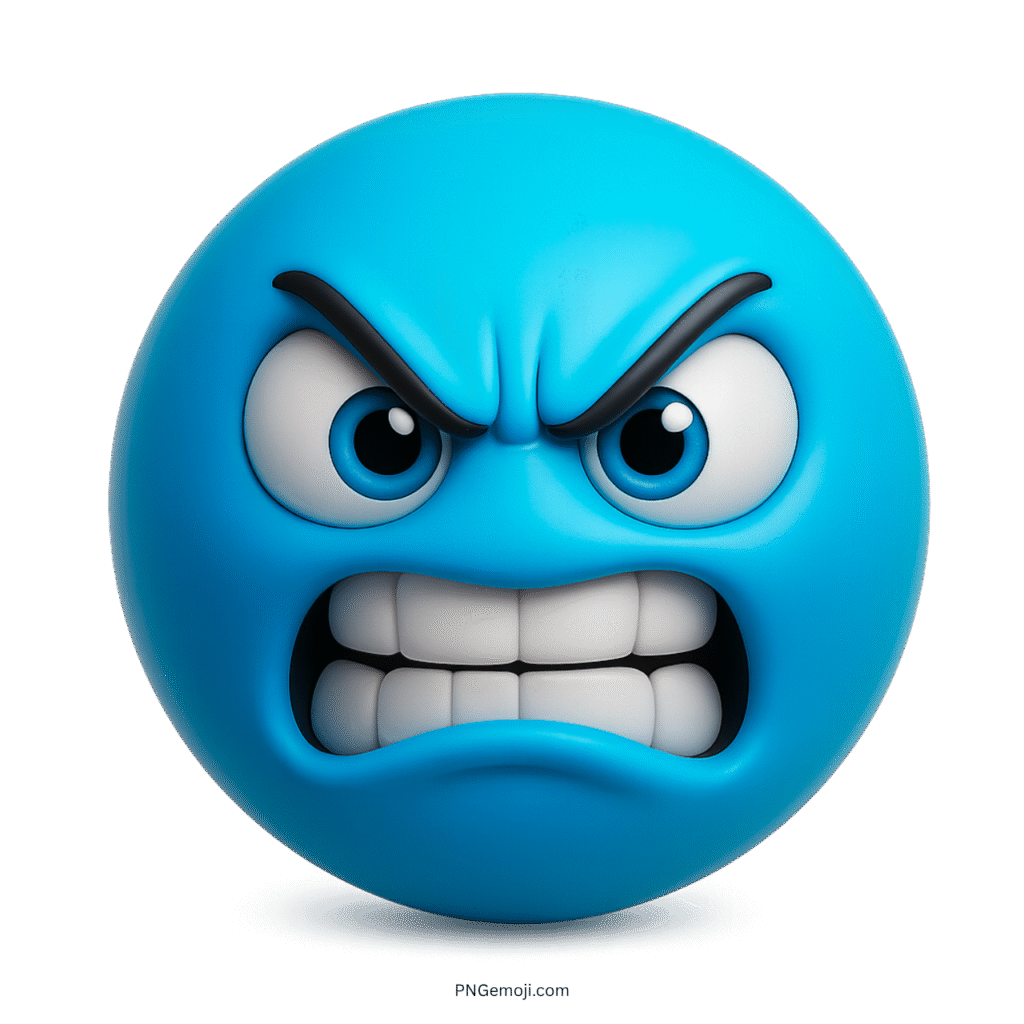 3D light blue angry emoji with clenched teeth and furious eyes on transparent background
