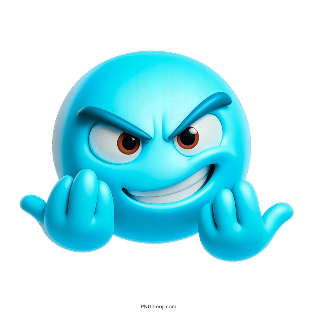 3D light blue C'Mon emoji with smug face and sassy double-hand gesture