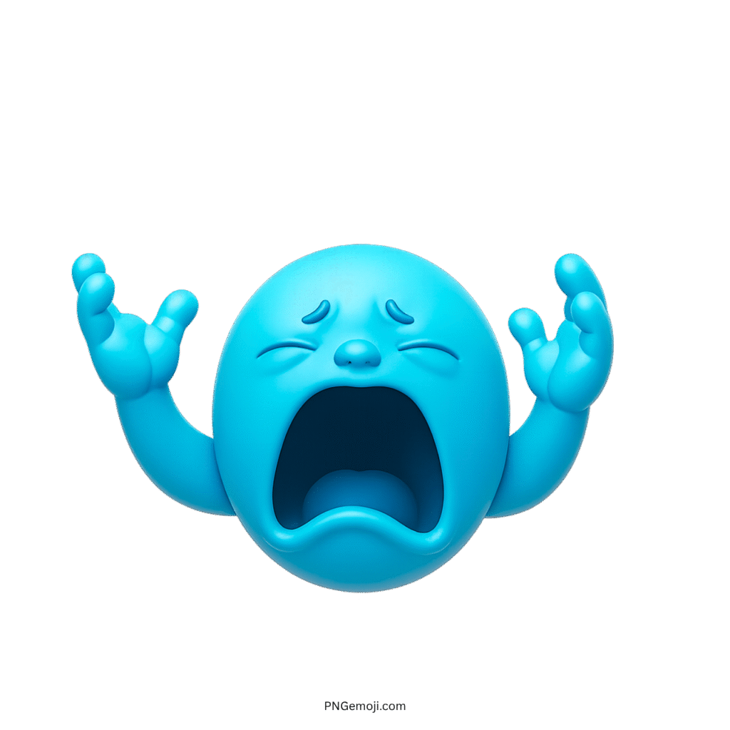 3D light blue crying big baby emoji with wide mouth and emotional sad expression