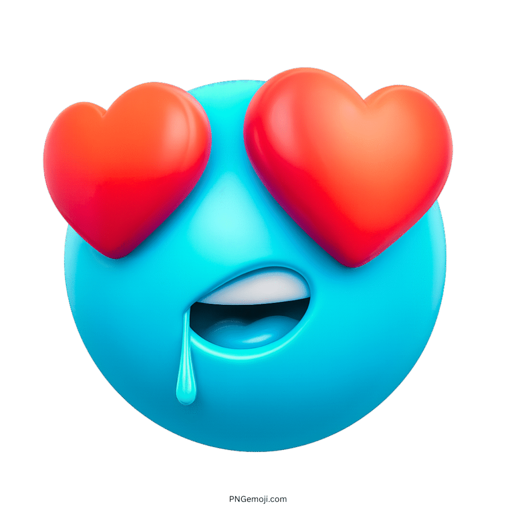 3D light blue emoji with heart eyes and drooling mouth expressing deep love