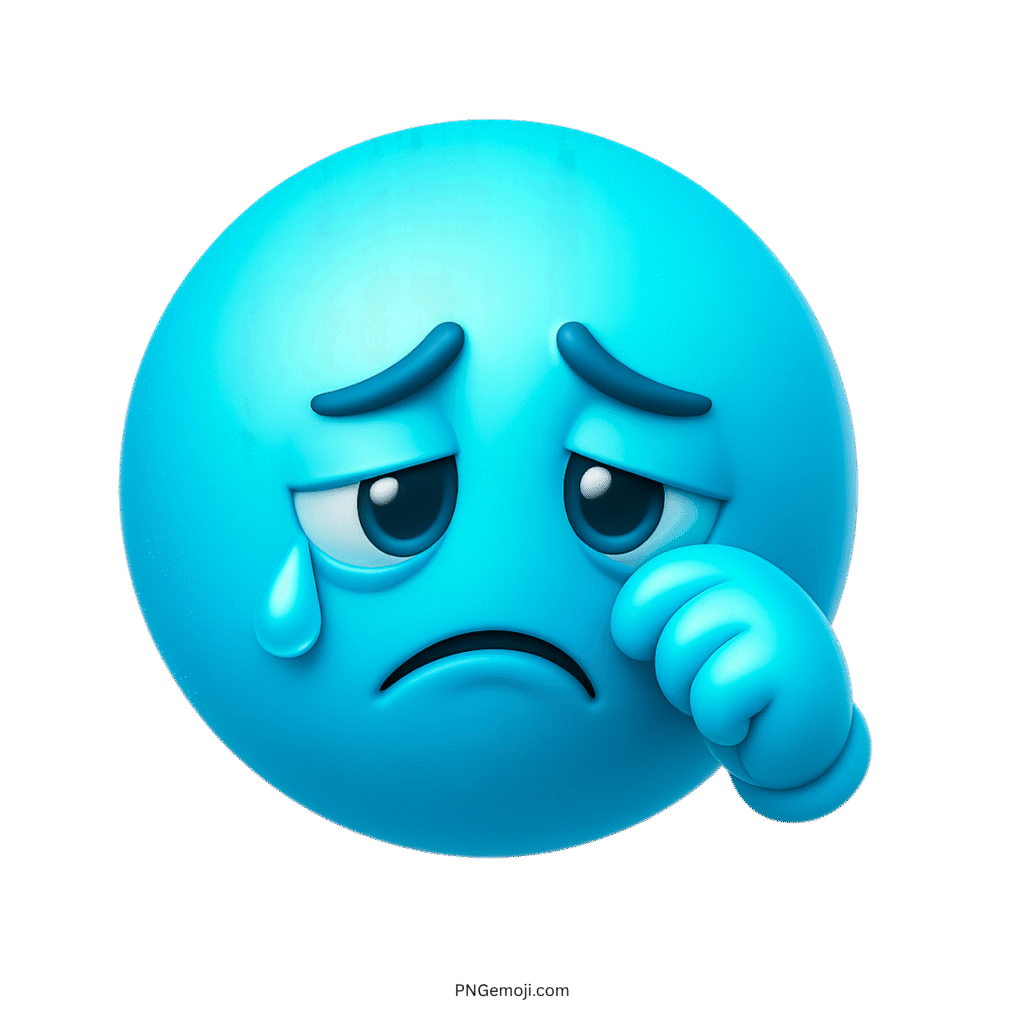 3D light blue sad emoji face crying with tear and wiping gesture