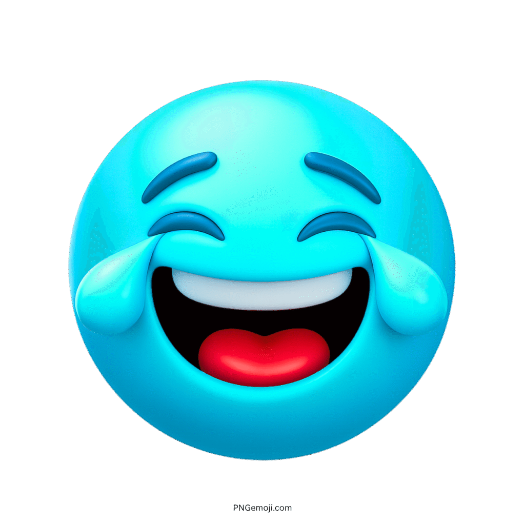 3D light blue emoji with joyful tears, red tongue, and wide laughing face PNG
