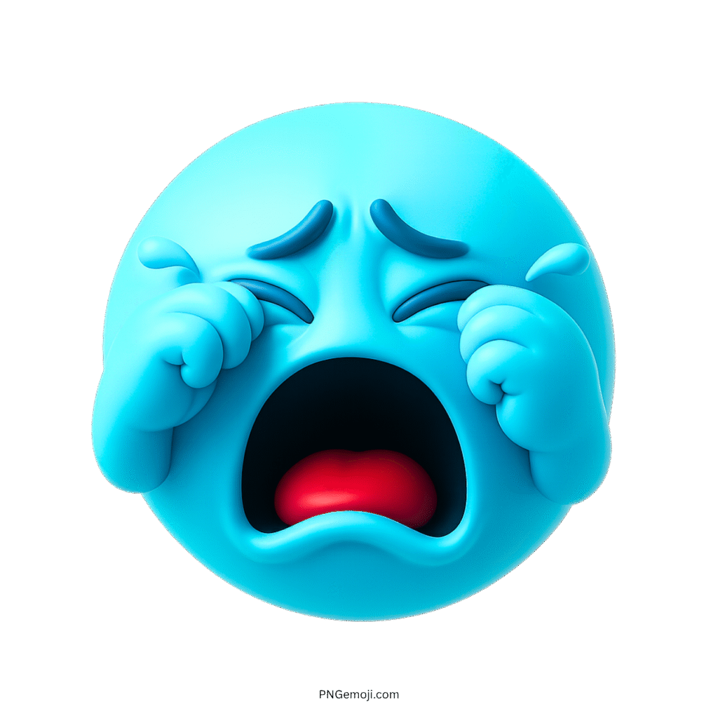 Light blue 3D emoji face crying with red mouth, teary eyes, and sad expression