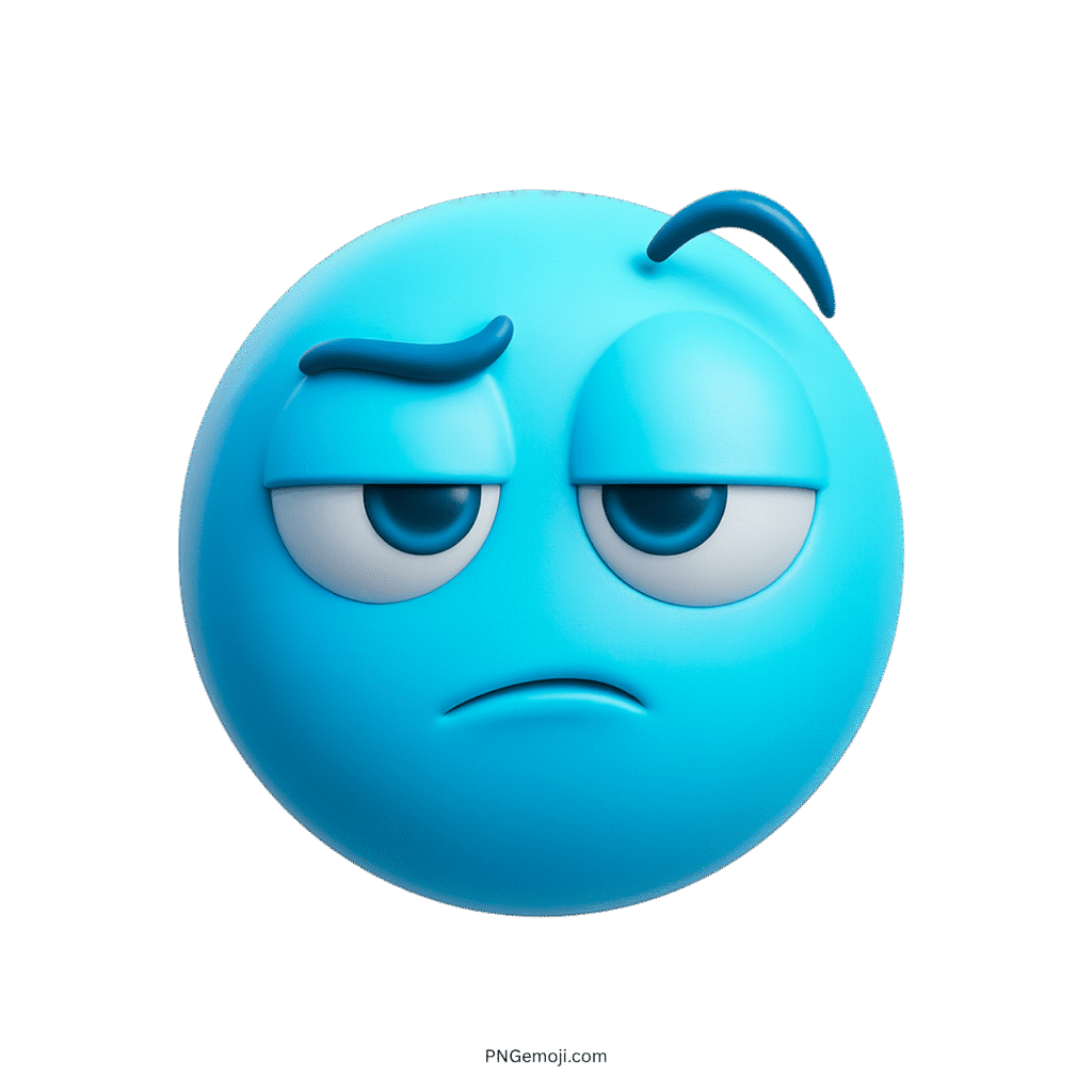 3D light blue emoji with sarcastic, tired face and drooping eyelids on transparent background