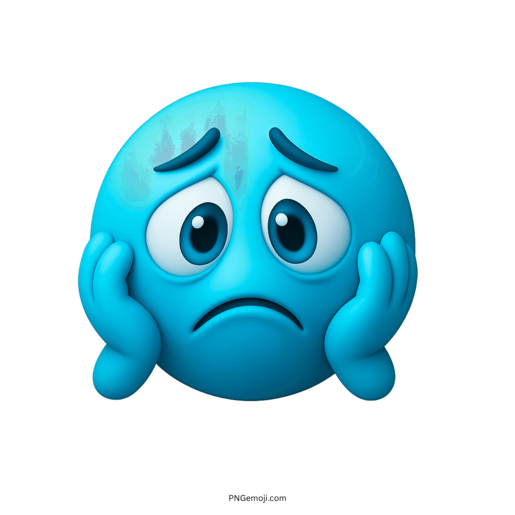 3D light blue worried emoji with sad eyes and hands on cheeks