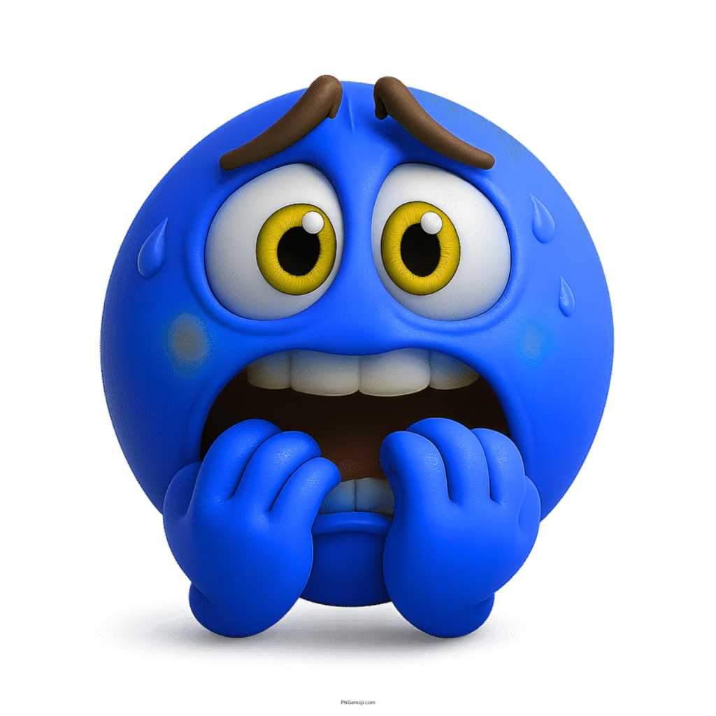 3D nervous emoji biting nails with wide eyes and sweat drops on blue face
