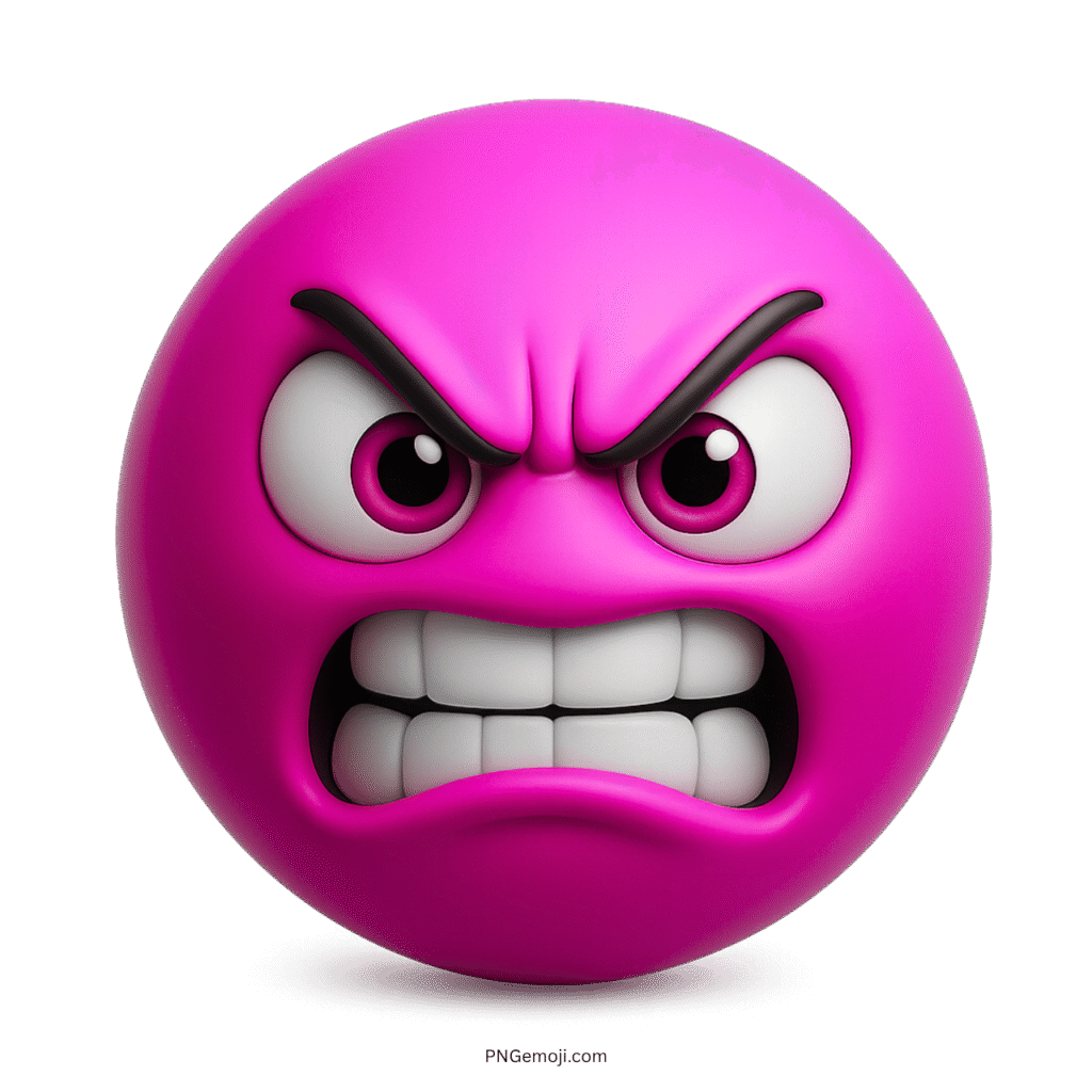 3D pink angry smiley emoji with clenched teeth and furious eyes on transparent background