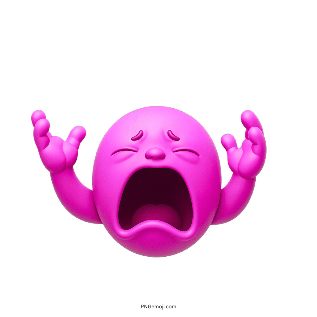 3D pink crying big baby emoji with wide open mouth and raised emotional arms