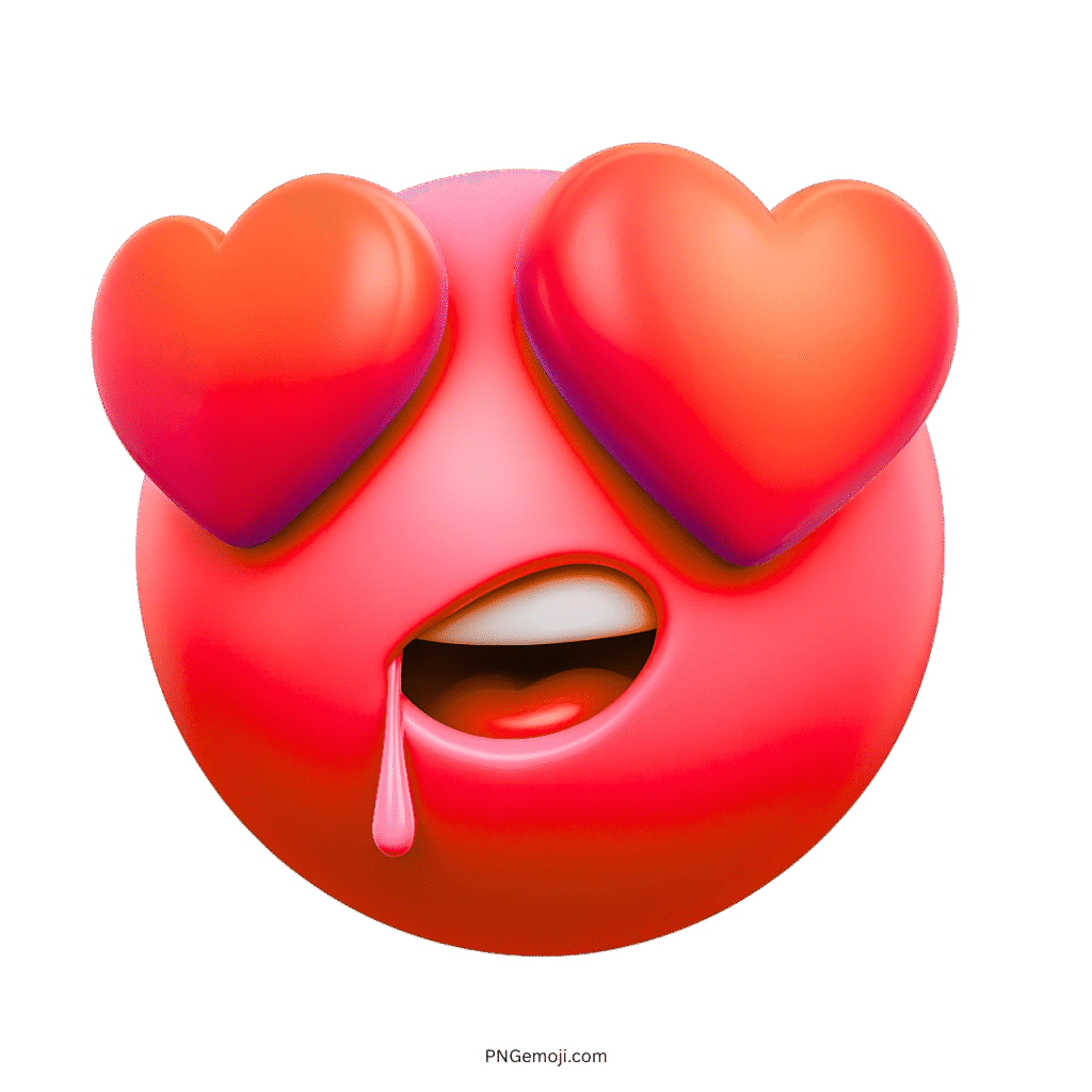 3D pink emoji with heart eyes and drooling mouth showing romantic feelings