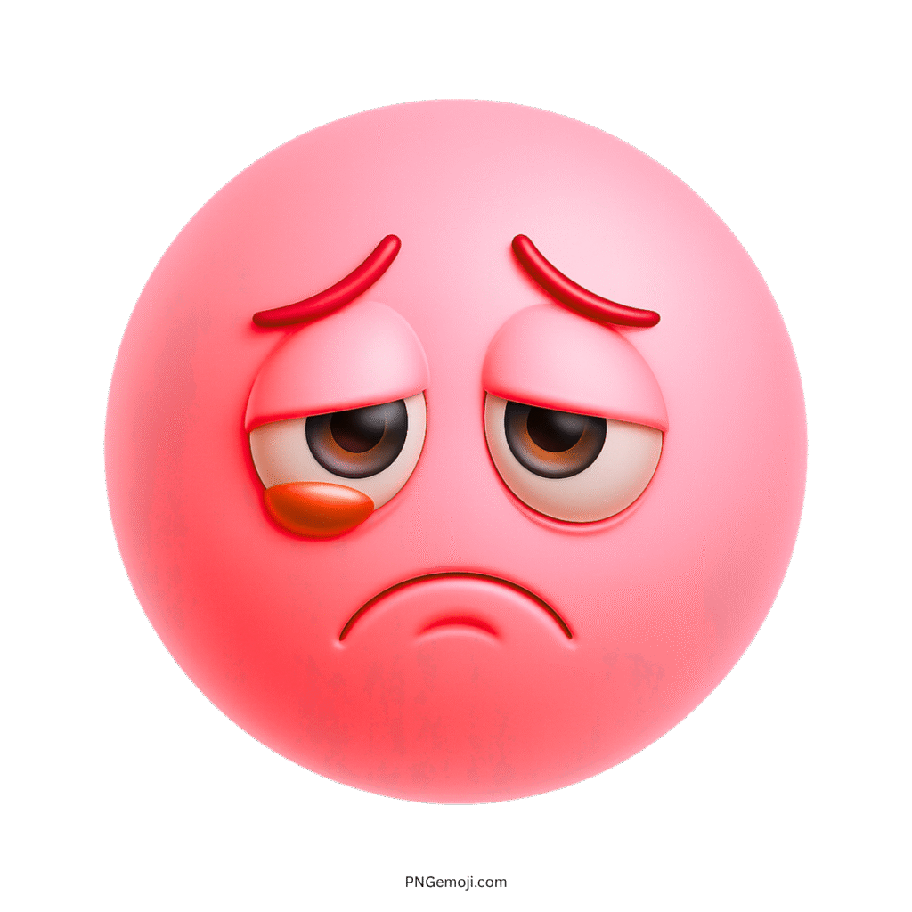 3D pink sad emoji with teardrop, droopy eyelids, and sorrowful face expression