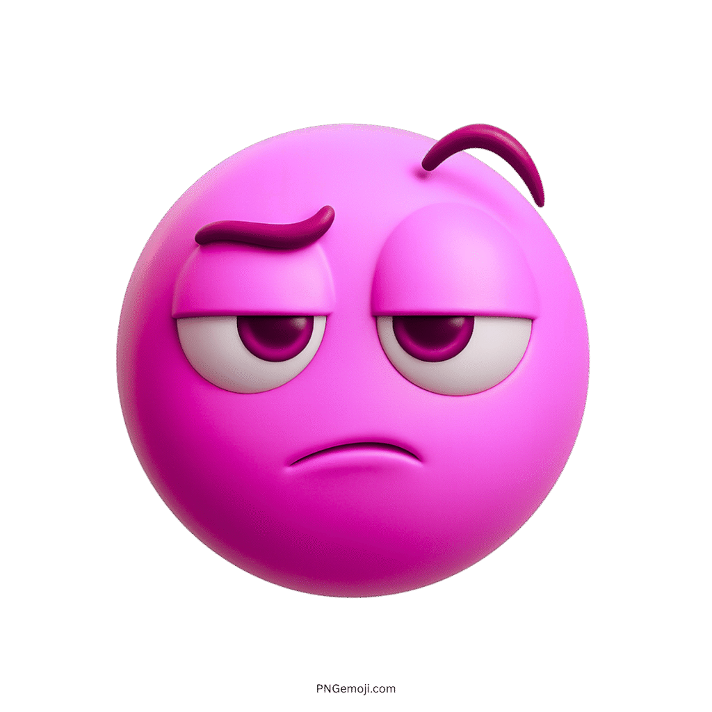 3D pink emoji with sarcastic bored expression, raised eyebrow, and sleepy eyes on transparent background