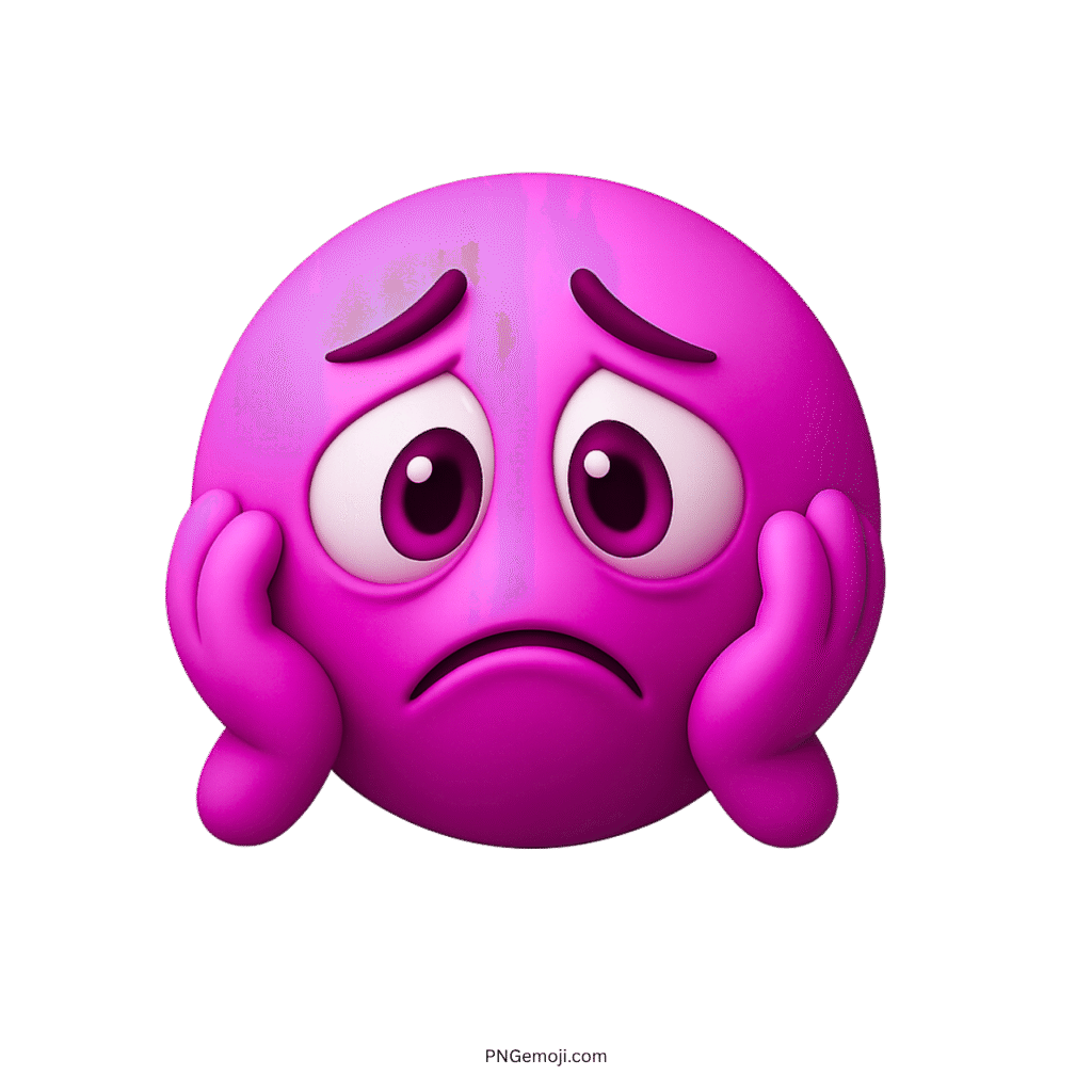 3D pink worried emoji with sad expression and hands resting on cheeks