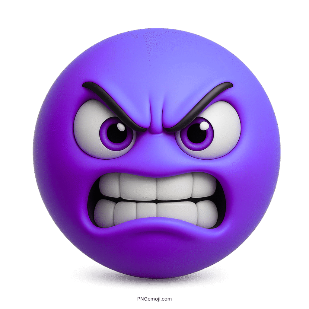 3D purple angry emoji with clenched teeth, angry brows, and expressive glare