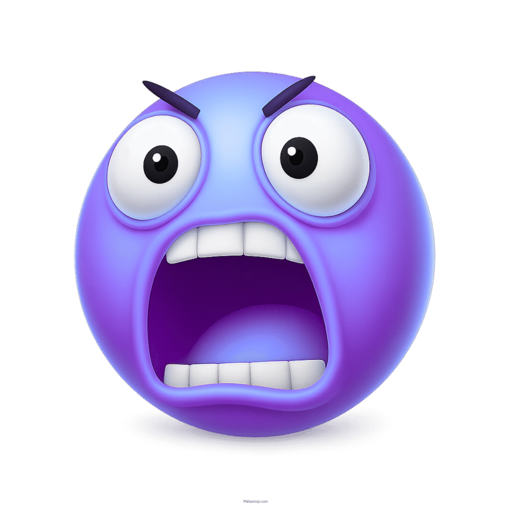 3D purple blue shocked emoji face with wide open mouth and big eyes