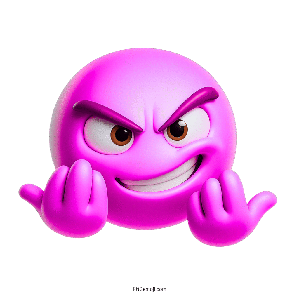 3D purple C'Mon emoji with playful smirk and raised double-hand expression