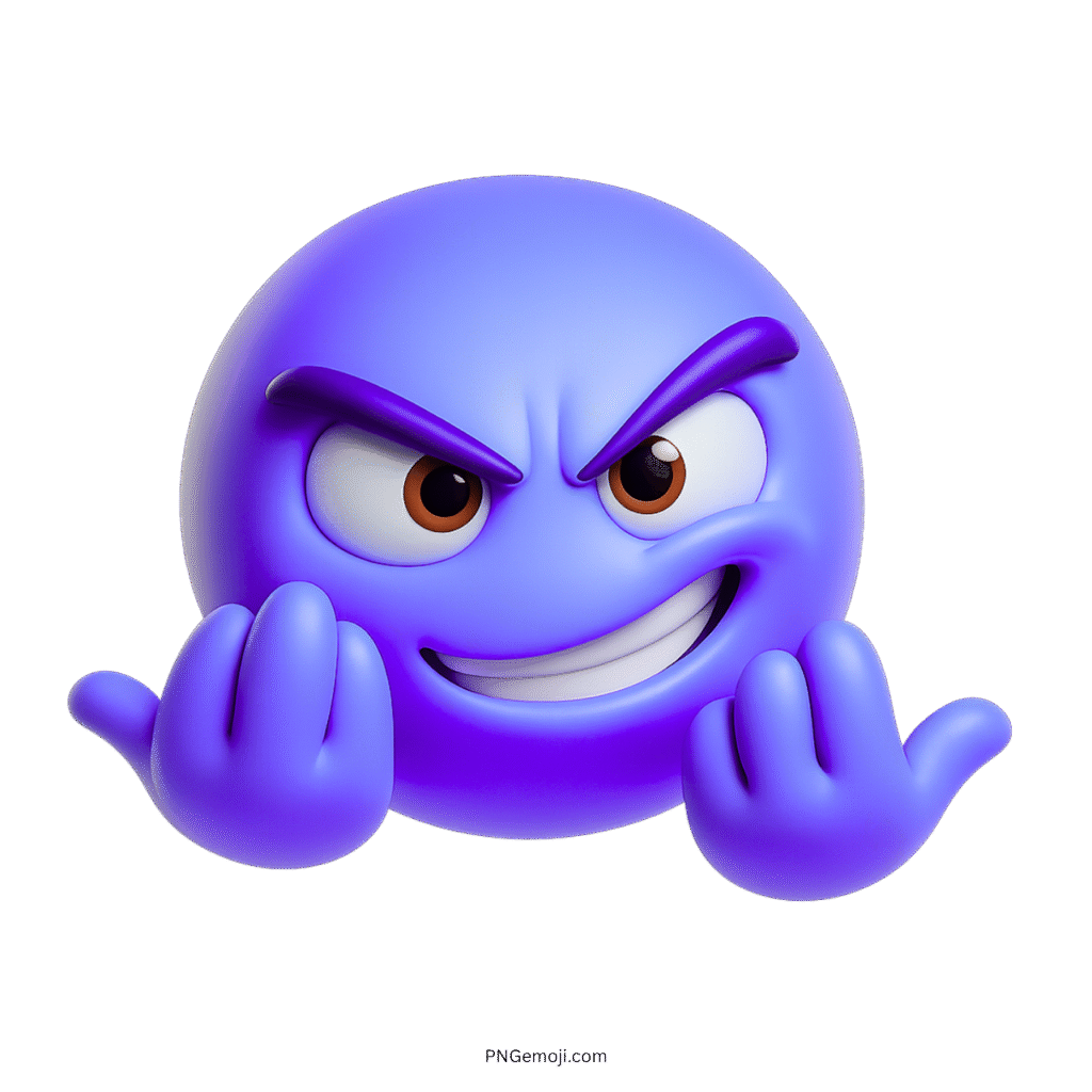 3D purple C'Mon emoji face with confident smirk and taunting hand gestures