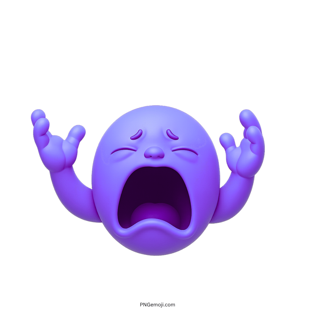 3D purple big baby emoji crying loudly with sad face and raised expressive arms