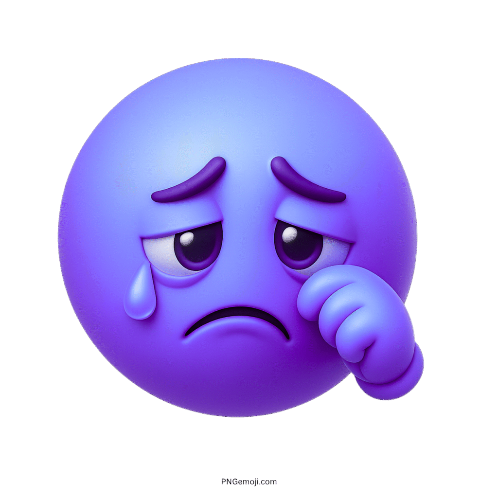 3D purple sad emoji face crying with emotional teardrop and wiping gesture
