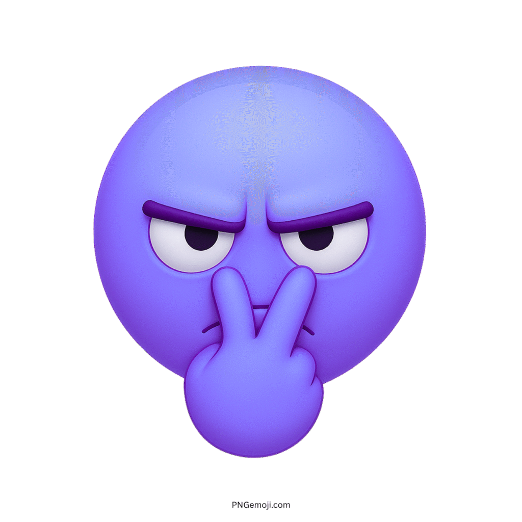 3D purple emoji face glaring with fingers pointing, expressing mistrust, attitude, or sass