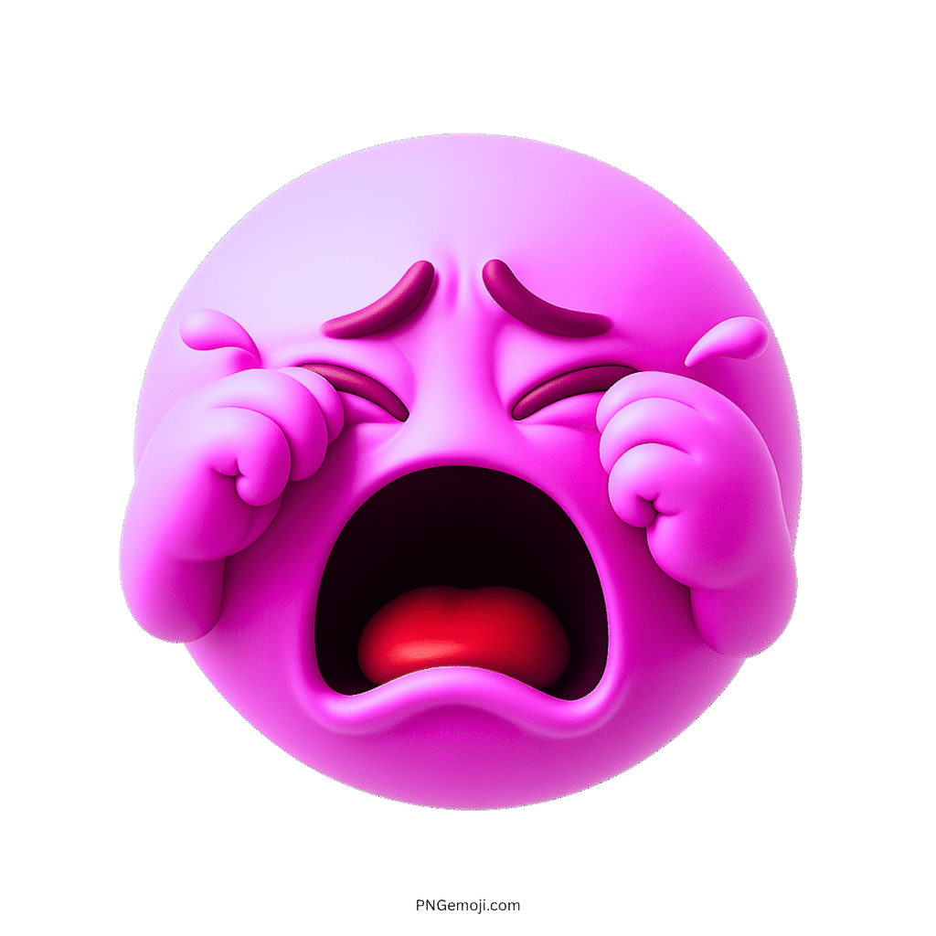 Purple 3D emoji face crying hard with teary eyes, red mouth, and sad brows