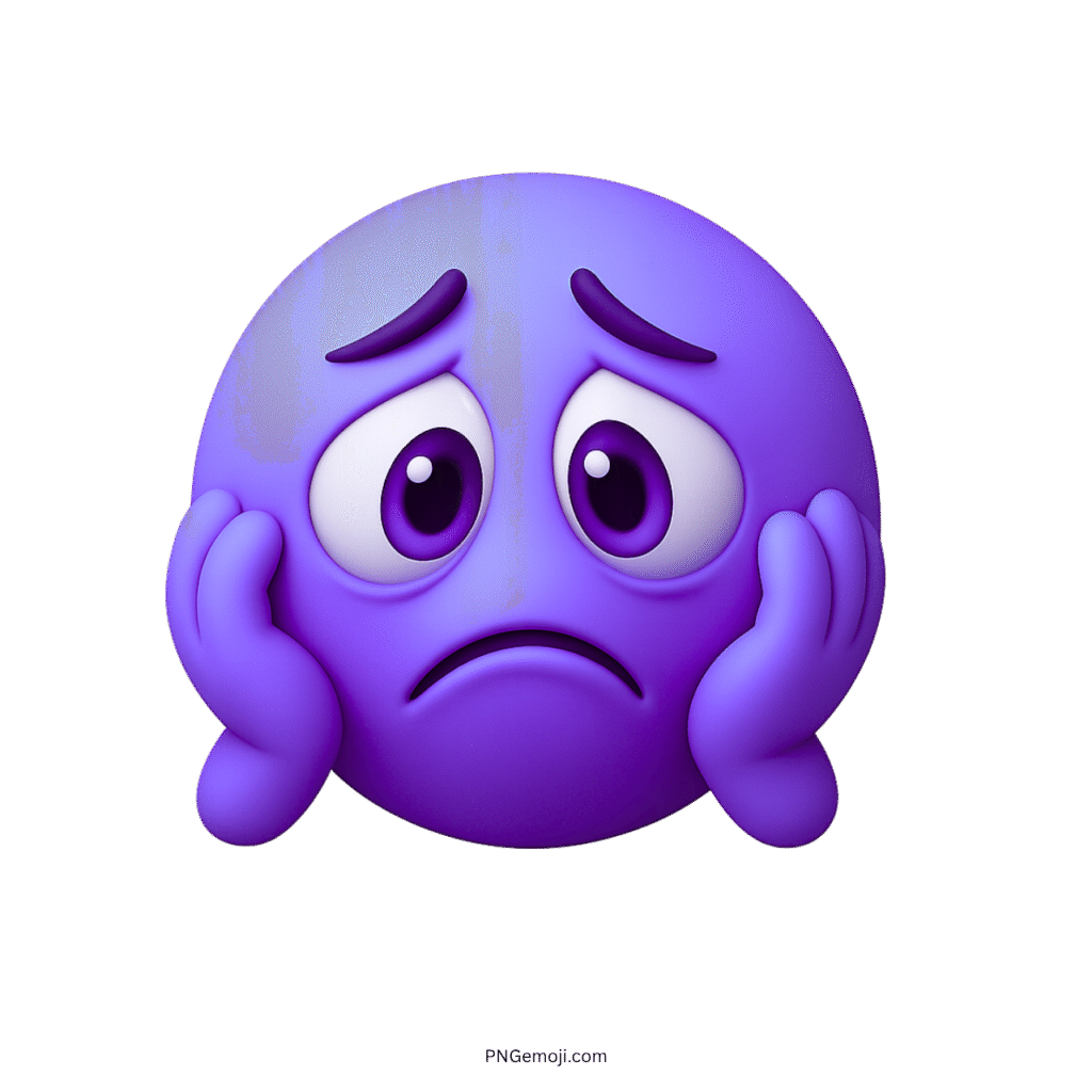 3D purple worried emoji face with hands on cheeks and sad expression