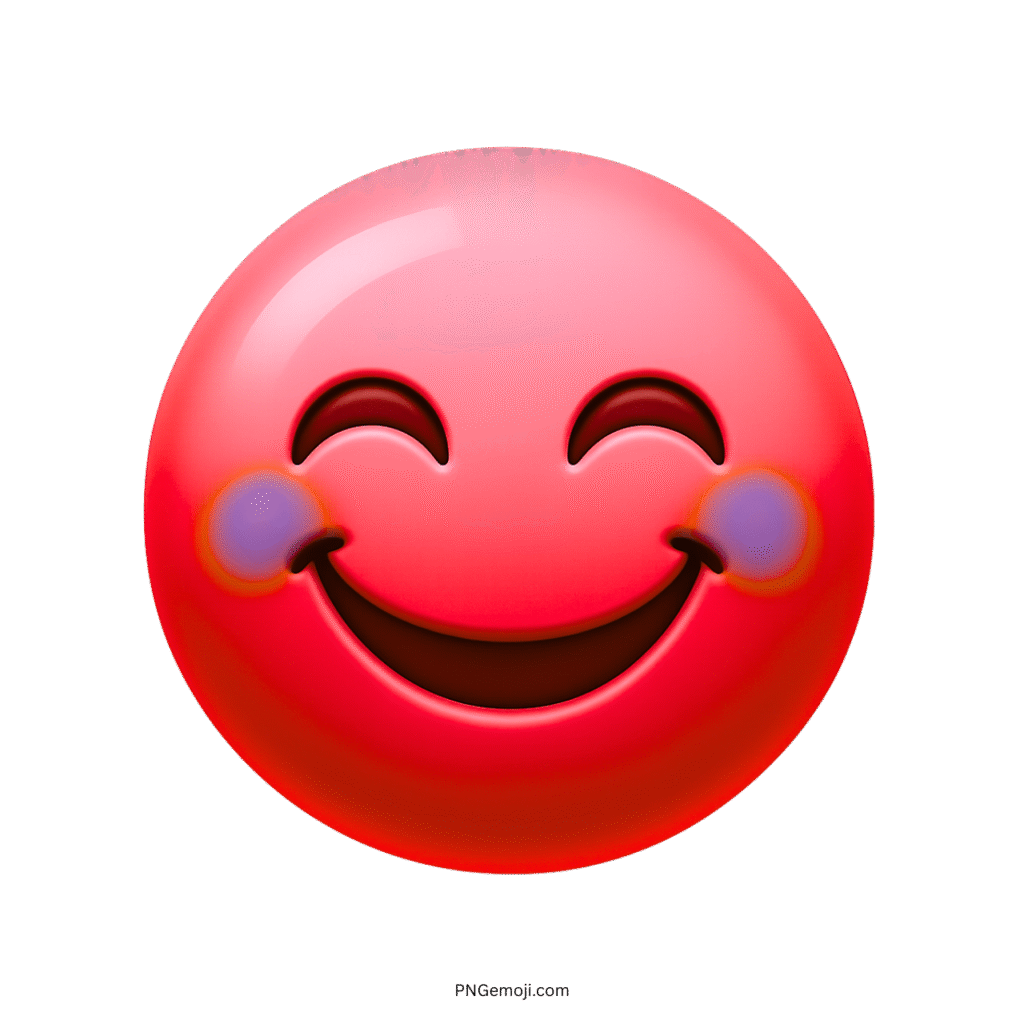 3D red smiling emoji with closed eyes and purple blush on cheeks