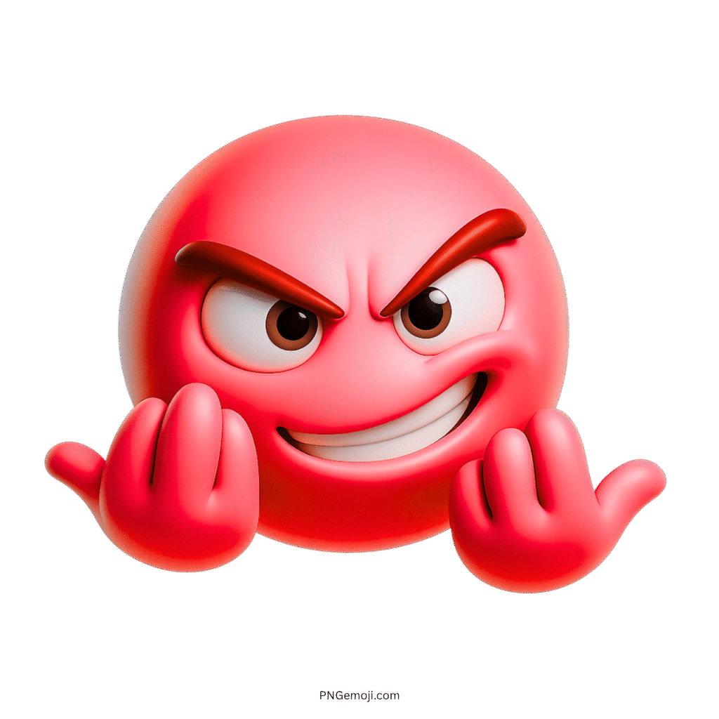 3D red C'Mon emoji with angry smirk and bold come-on hand gesture