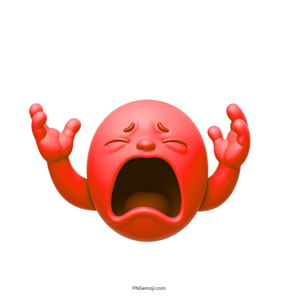 3D red crying big baby emoji with dramatic sad face and raised arms