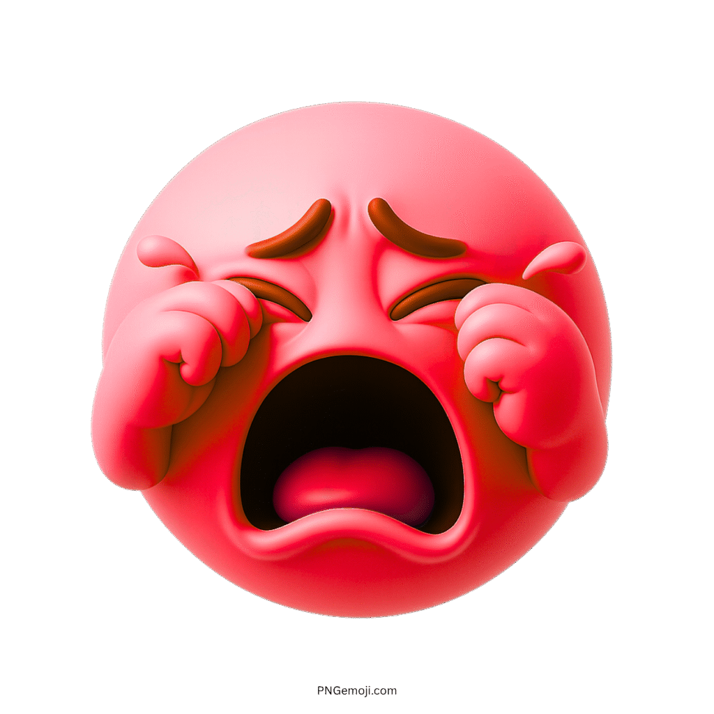 Red 3D emoji face weeping loudly with tears, sad brows, and open mouth