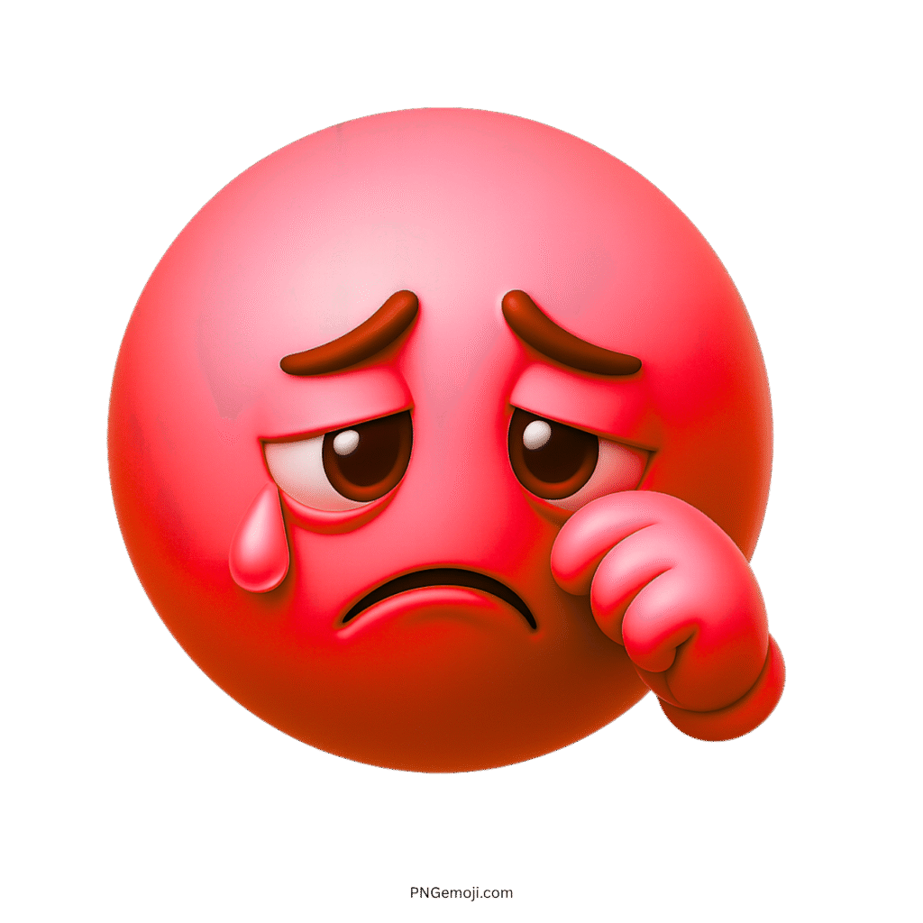 3D red sad emoji crying with teardrop and emotional hand-wiping gesture
