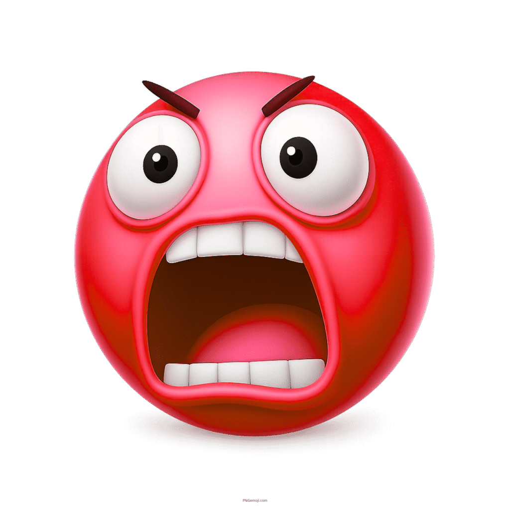 3D red emoji face with wide open mouth, angry and scared reaction expression