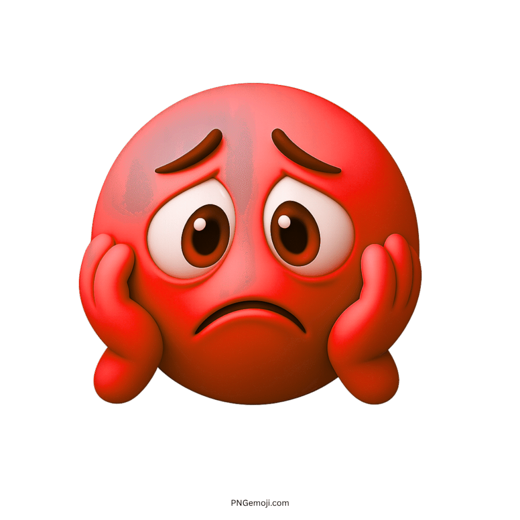 3D red worried emoji face with sad eyes and hands on its cheeks