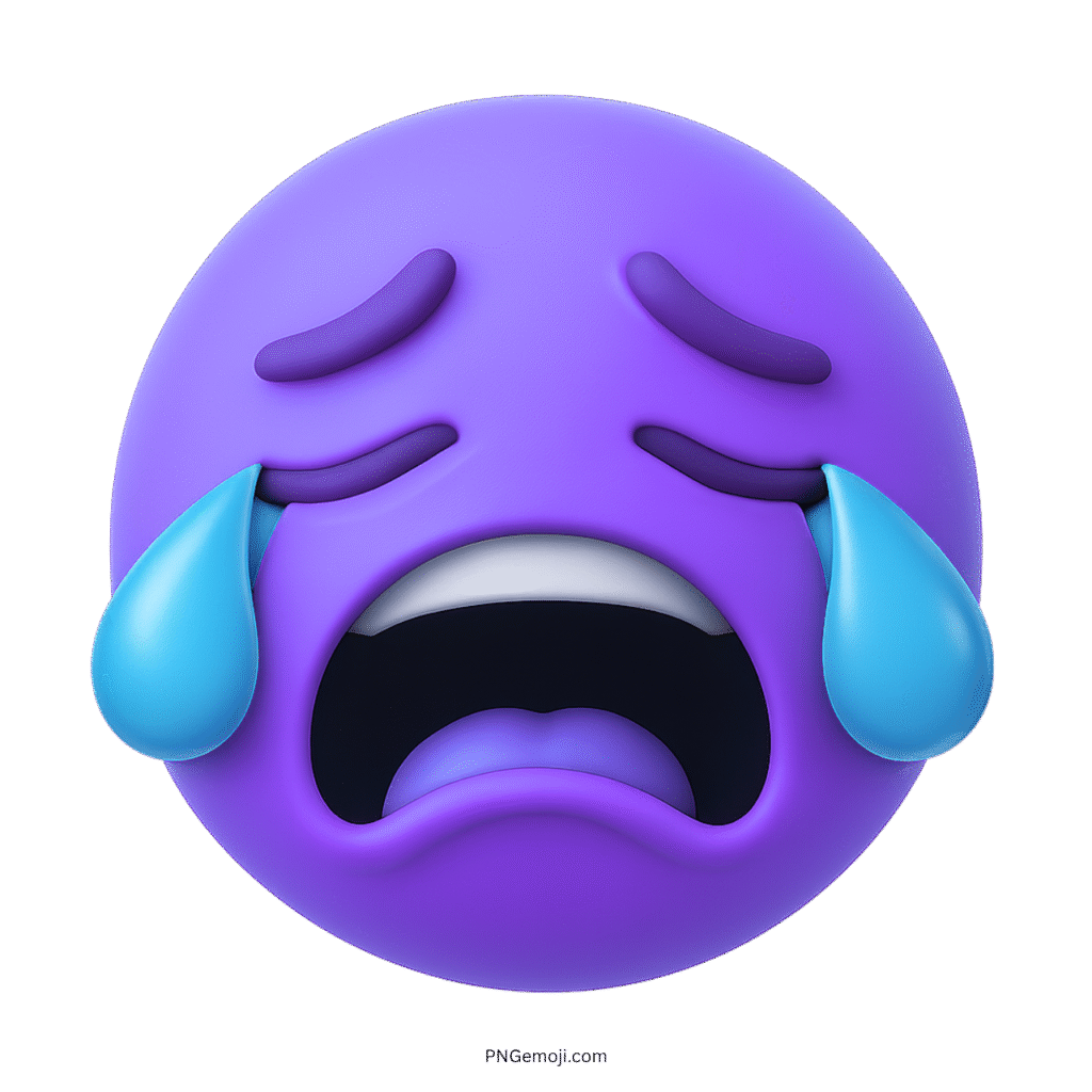 3D purple crying face emoji with blue tears and sad emotional expression