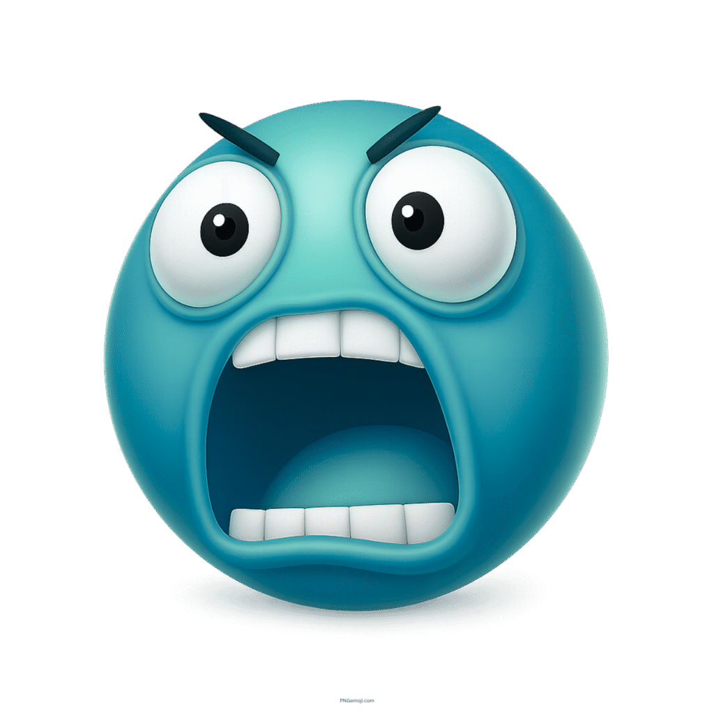 3D teal blue shocked emoji with wide open mouth and big eyes