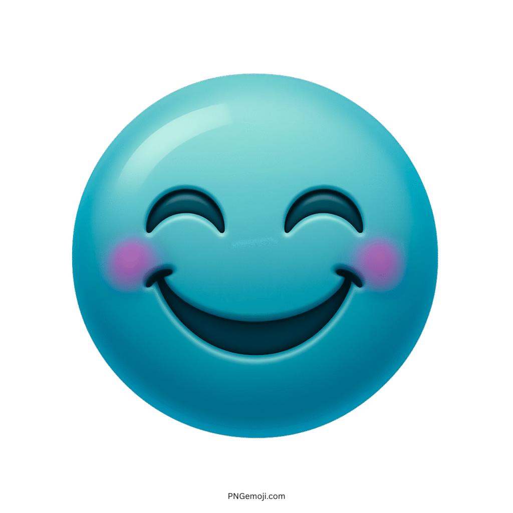 3D teal blue emoji with a big smile and soft rosy cheeks