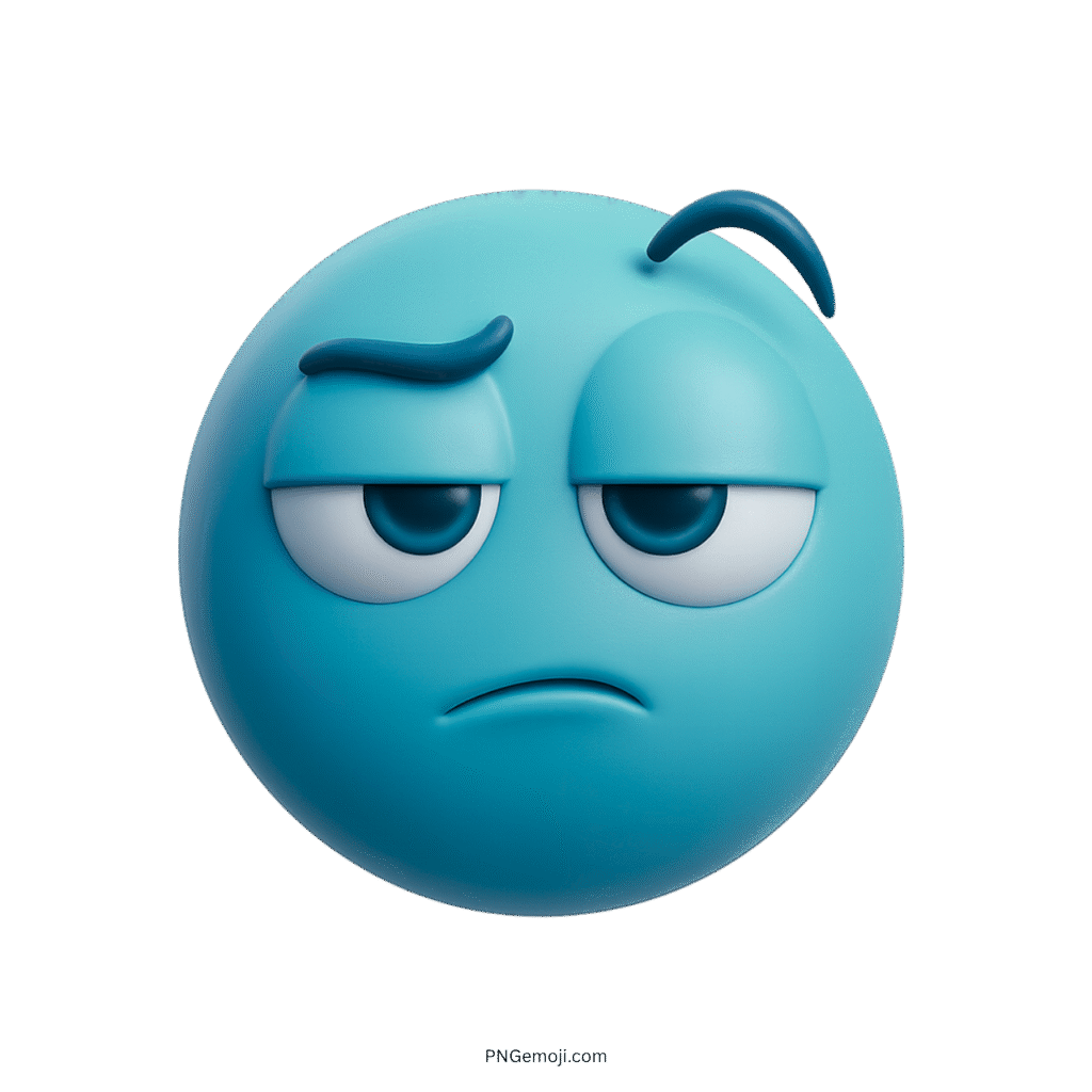 3D teal blue emoji face with unimpressed, sarcastic expression and droopy eyes on transparent