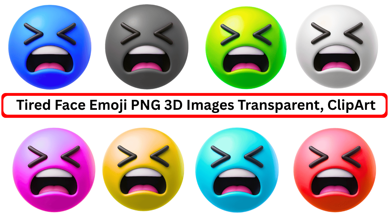 3D tired face emoji pack in multiple colors with transparent background clipart style