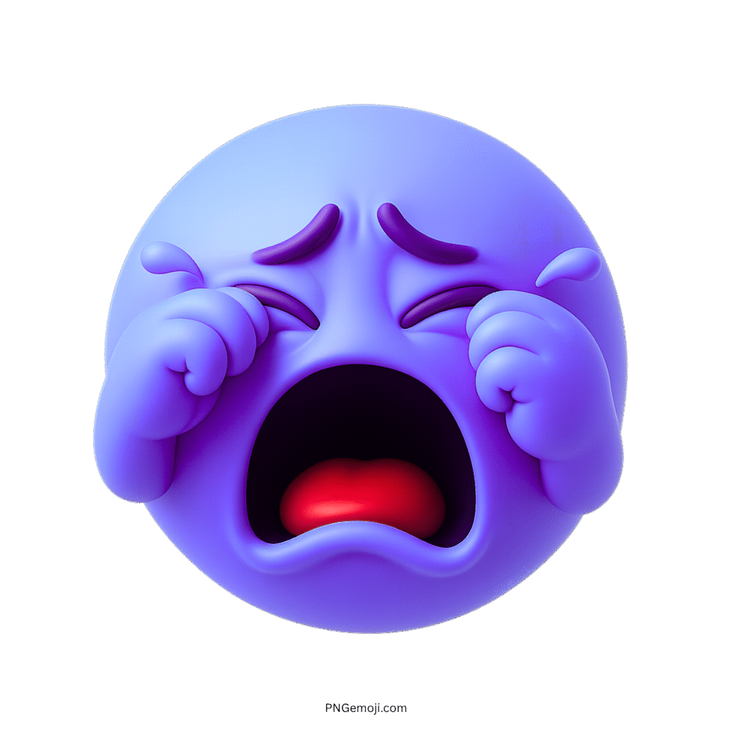 Violet 3D emoji face crying loudly with red mouth and tearful sad expression