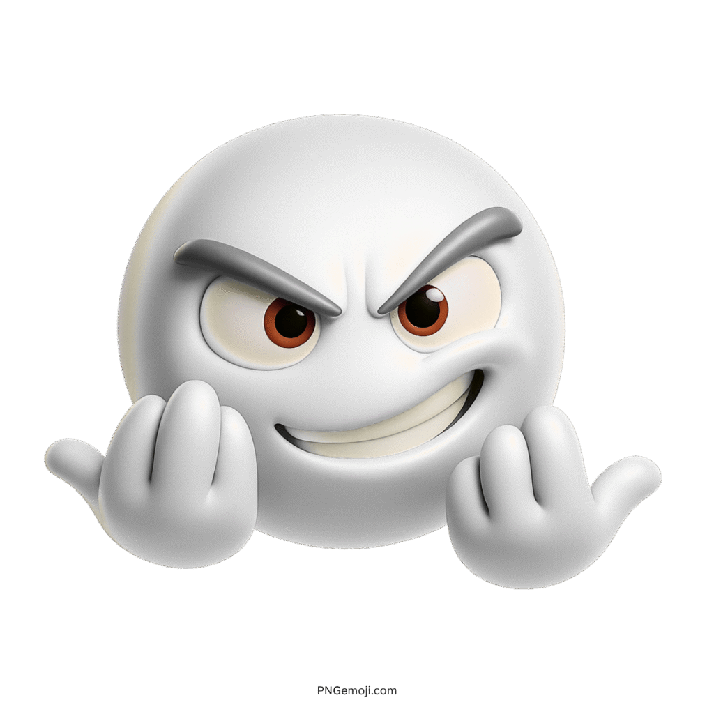3D white C'Mon emoji with smug smile and expressive come-on hand gesture