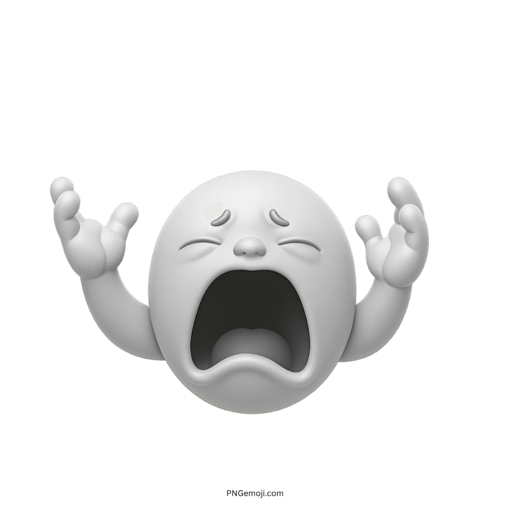 3D white big baby crying emoji with emotional face, raised hands, and sad mouth