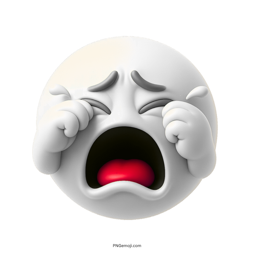 White 3D emoji face crying with teary eyes, red mouth, and sorrowful expression