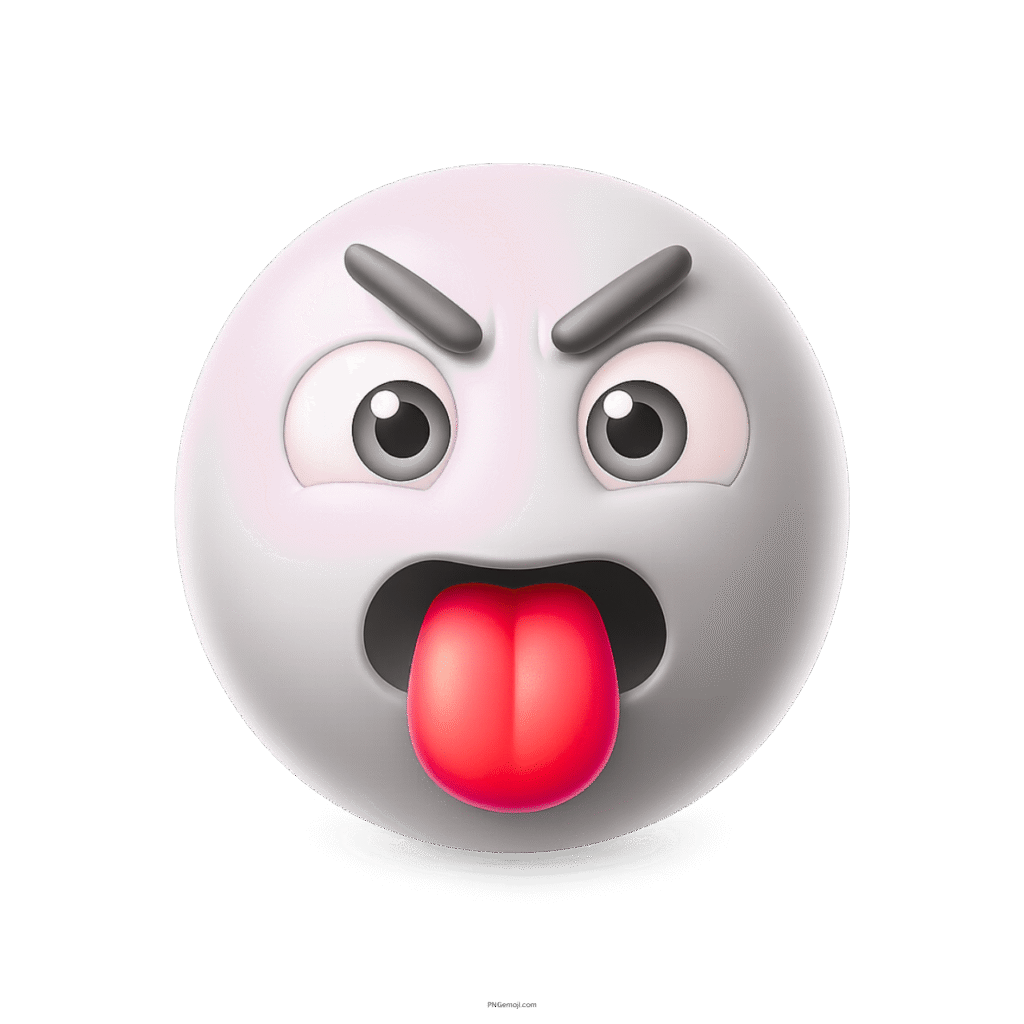 3D white emoji face with tongue out and funny angry expression