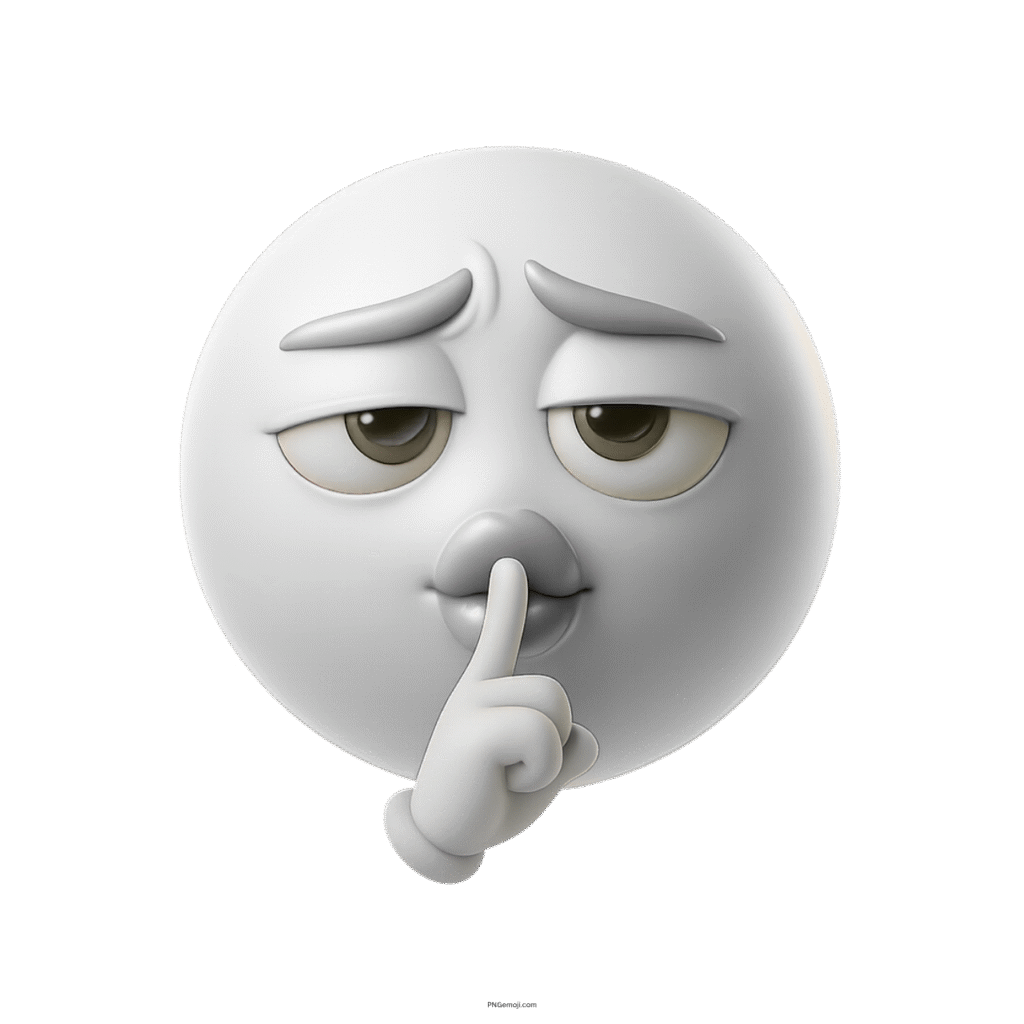 3D white emoji making hush gesture with finger on lips and sleepy quiet face