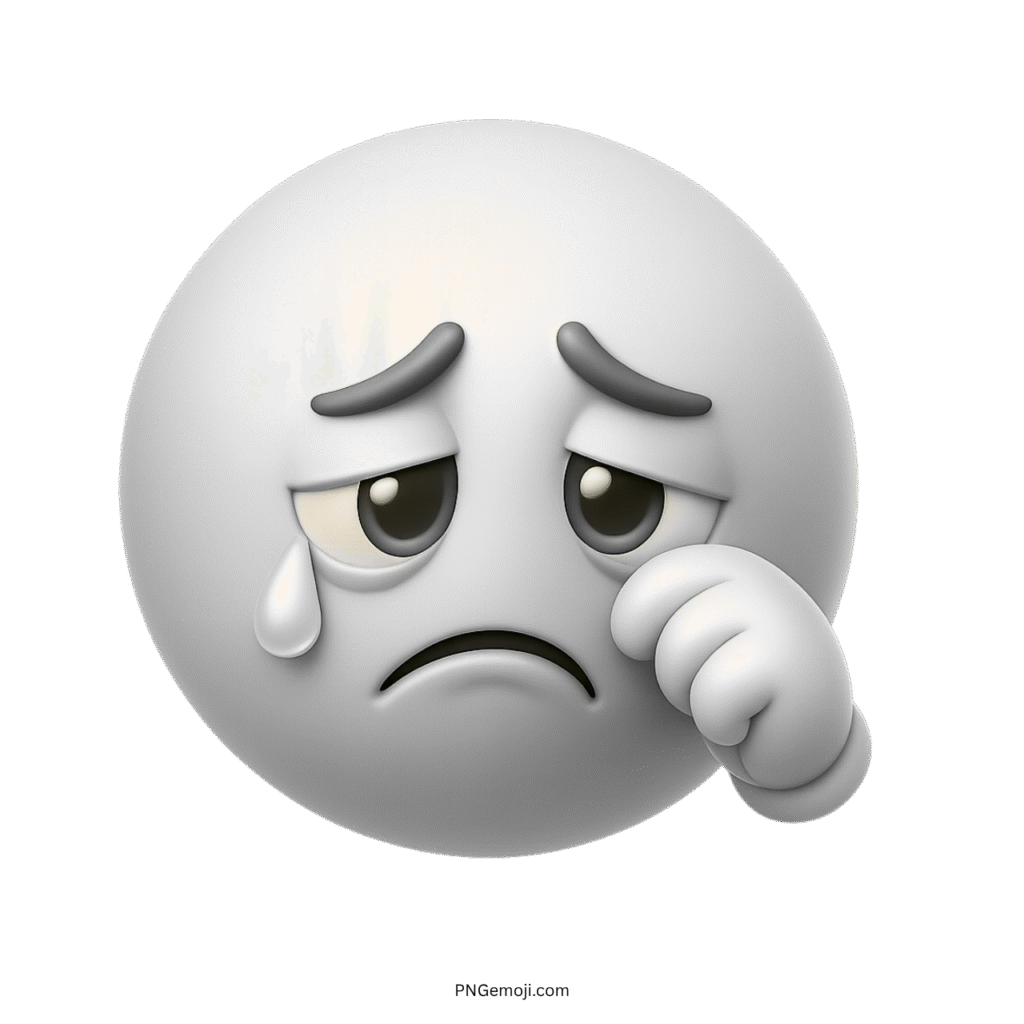 3D white sad emoji face crying with tear drop and emotional expression