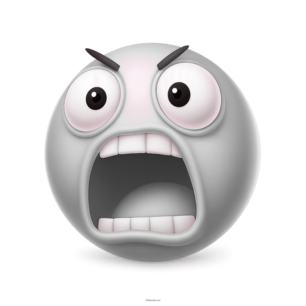 3D white emoji with open mouth, shocked and angry facial expression icon