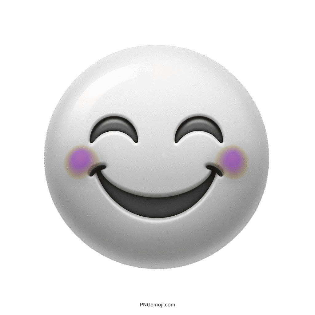 3D white emoji with big smile and purple-pink rosy cheeks