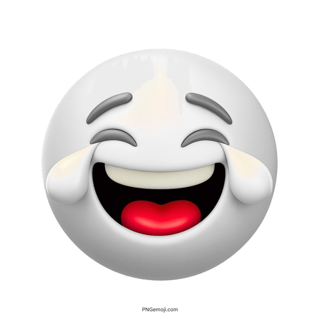 3D white emoji laughing with tears and happy closed eyes in cartoon style
